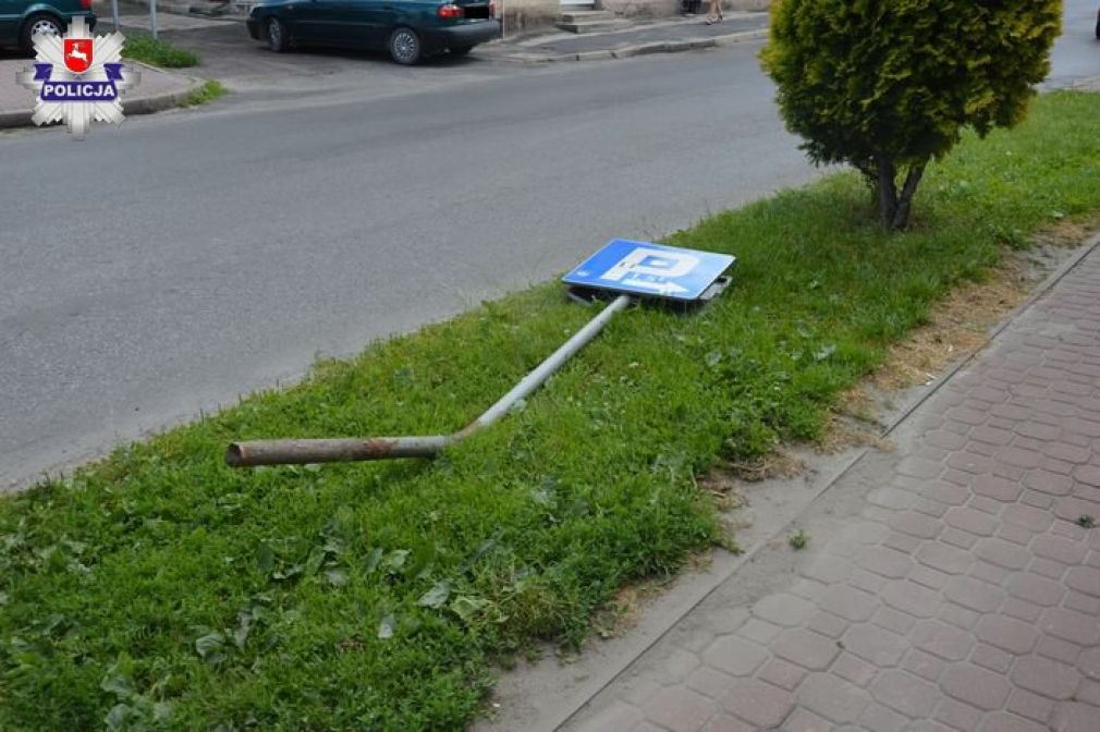 Mężczyzna tłumaczył, że chciał zaparkować pojazd, nagle stracił nad nim panowanie, najechał na chodnik i uderzył w znak drogowy, foto: Policja