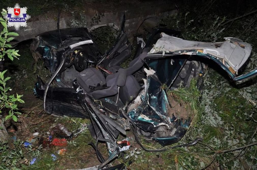 Volkswagen Polo zjechał na lewą stronę drogi, a następnie uderzył w drzewo, foto: Policja
