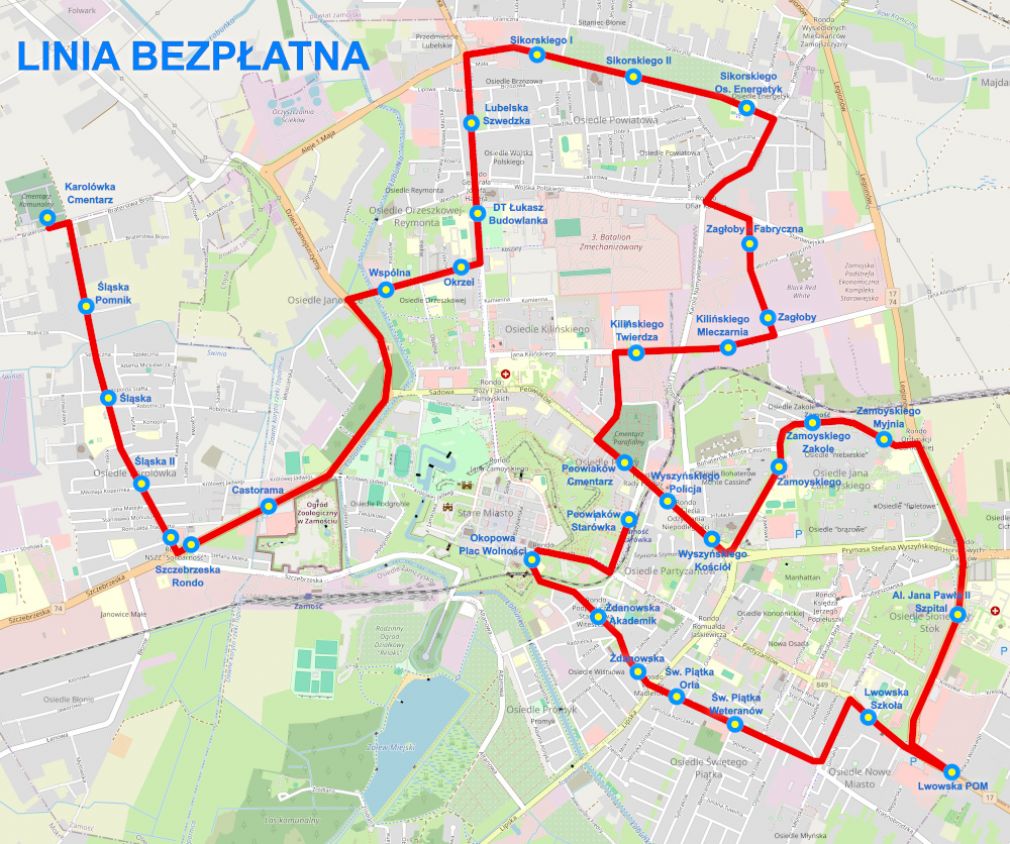 Bezpłatna linia autobusowa w Zamościu. Jest oznaczona literą "B"