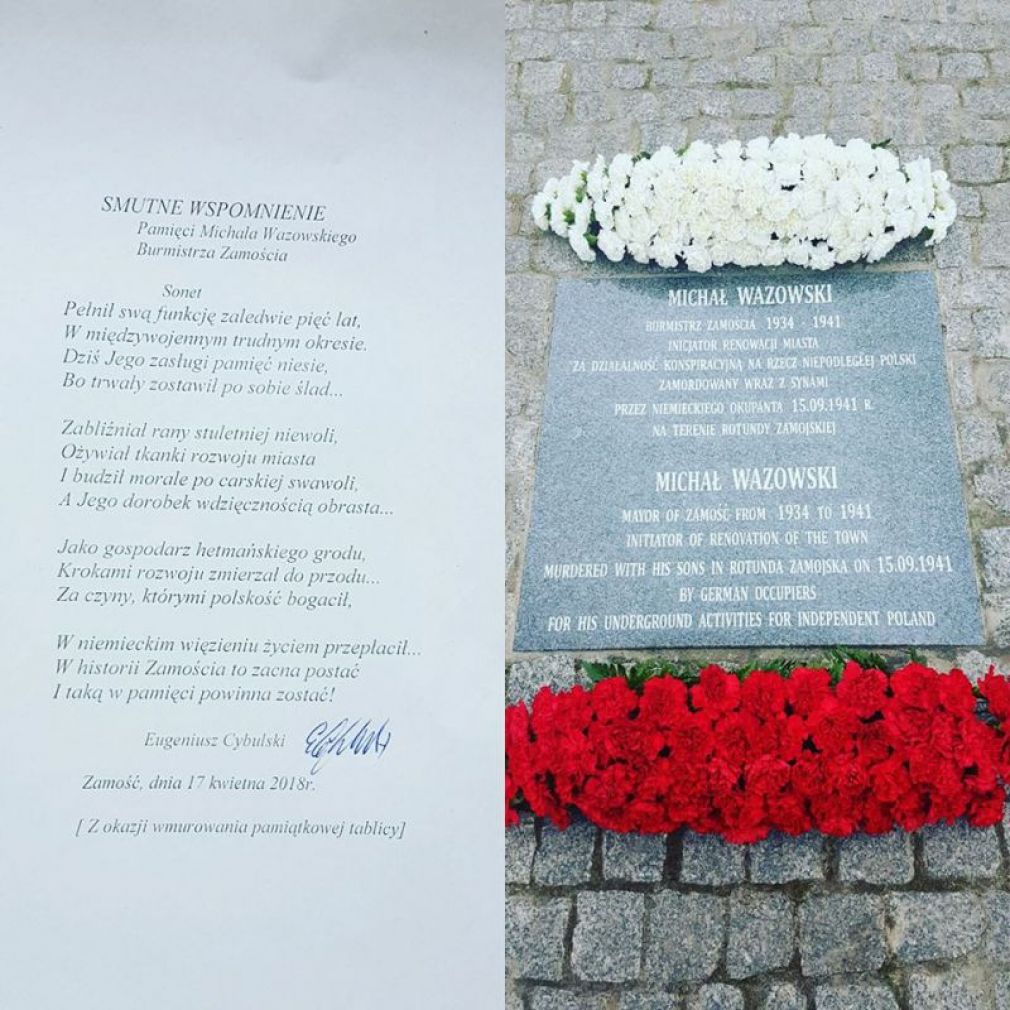 Tablica upamiętniająca burmistrza Wazowskiego, foto: UM Zamość
