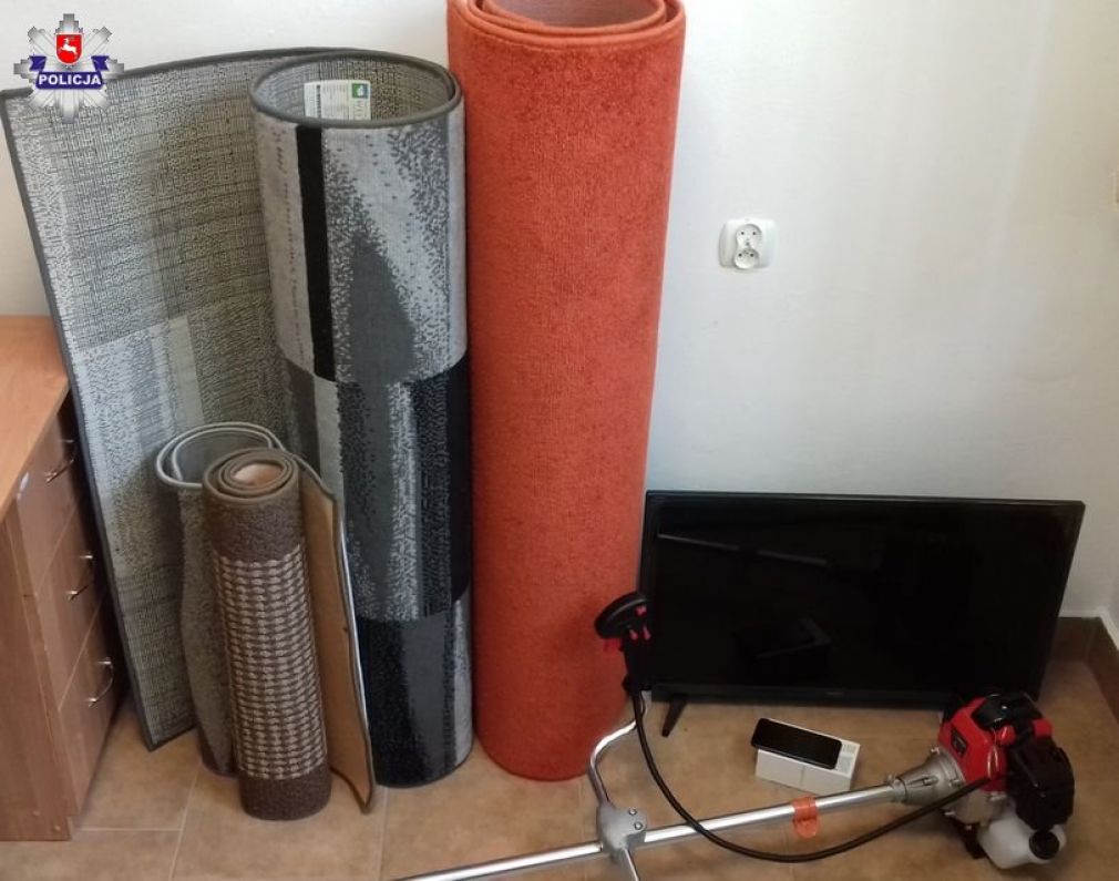 Za skradzione pieniądze kupili między innymi telewizor, telefon komórkowy, kosę spalinową, 4 dywany, foto: Policja
